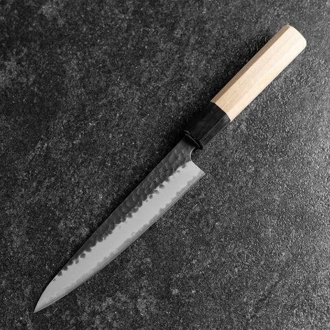 Petty Stainless Clad Blue Super Kurouchi Tsuchime Buffalo Magnolia Handle 150mm (5.9”)-[Musashi]-[Japanese-Kitchen-Knives]