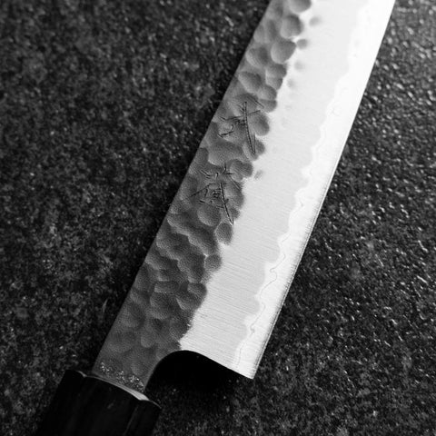 Petty Stainless Clad Blue Super Kurouchi Tsuchime Buffalo Magnolia Handle 150mm (5.9”)-[Musashi]-[Japanese-Kitchen-Knives]