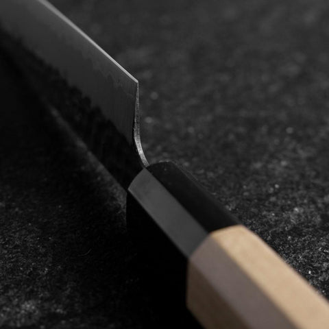 Petty Stainless Clad Blue Super Kurouchi Tsuchime Buffalo Magnolia Handle 150mm (5.9”)-[Musashi]-[Japanese-Kitchen-Knives]