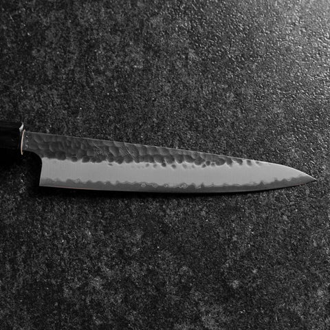 Petty Stainless Clad Blue Super Kurouchi Tsuchime Buffalo Magnolia Handle 150mm (5.9”)-[Musashi]-[Japanese-Kitchen-Knives]