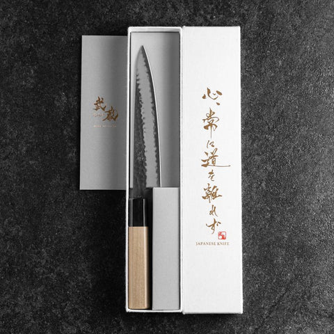 Petty Stainless Clad Blue Super Kurouchi Tsuchime Buffalo Magnolia Handle 150mm (5.9”)-[Musashi]-[Japanese-Kitchen-Knives]