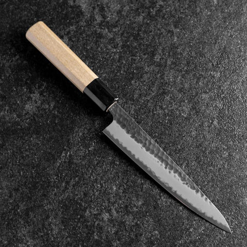 Petty Stainless Clad Blue Super Kurouchi Tsuchime Buffalo Magnolia Handle 150mm (5.9”)-[Musashi]-[Japanese-Kitchen-Knives]