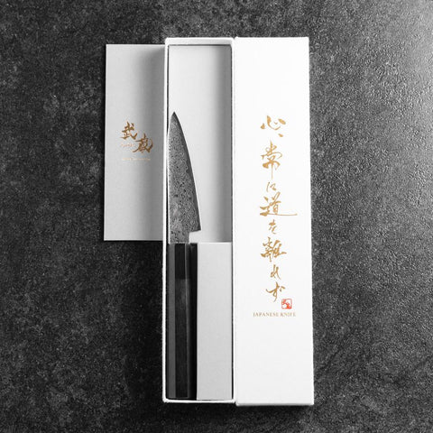 Petty VG-10 Damascus Buffalo Ebony Handle 105mm (4.1”)-[Musashi]-[Japanese-Kitchen-Knives]