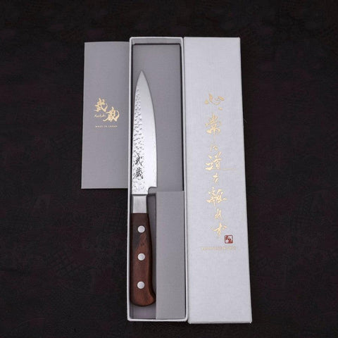 Petty VG-10 Mirror Tsuchime Damascus Mahogany Handle 135mm-[Musashi]-[Japanese-Kitchen-Knives]