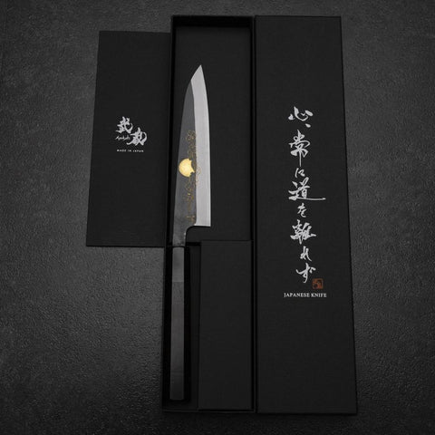 Petty White Steel #2 Stainless Clad Kurouchi Chokin Auspicious Cloud-Sun Buffalo Ebony Handle 150mm-[Musashi]-[Japanese-Kitchen-Knives]