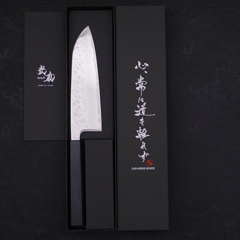 Santoku AUS-10 Nashiji Damascus Dark Blue Urushi Handle 165mm-[Musashi]-[Japanese-Kitchen-Knives]