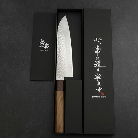 Santoku AUS-10 Tsuchime Damascus Shitan Walnut Handle 180mm-[Musashi]-[Japanese-Kitchen-Knives]