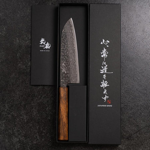 Santoku AUS-10 Tsuchime Damascus Sumi Urushi Handle 165mm (6.5”)-[Musashi]-[Japanese-Kitchen-Knives]