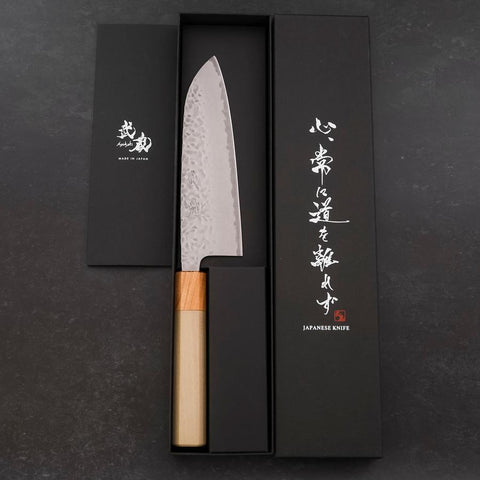 Santoku AUS-10 Tsuchime Damascus Zelkova Magnolia Handle 165mm-[Musashi]-[Japanese-Kitchen-Knives]