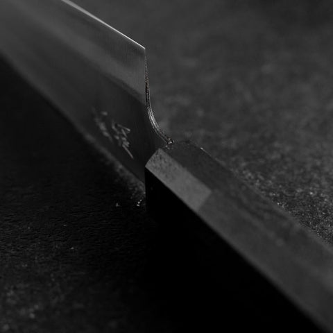 Santoku Blue Steel #1 Stainless Clad Kurouchi Black Urushi Handle 165m-[Musashi]-[Japanese-Kitchen-Knives]