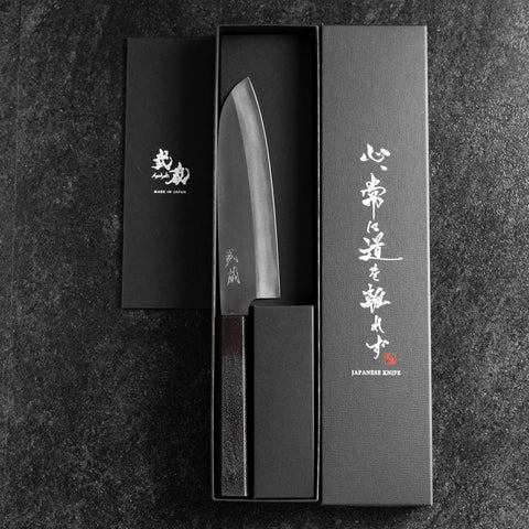 Santoku Blue Steel #1 Stainless Clad Kurouchi Black Urushi Handle 165m-[Musashi]-[Japanese-Kitchen-Knives]