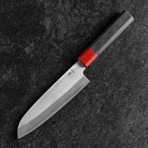Santoku Blue Steel #1 Stainless Clad Kurouchi Red and Black Urushi Handle 165mm-[Musashi]-[Japanese-Kitchen-Knives]