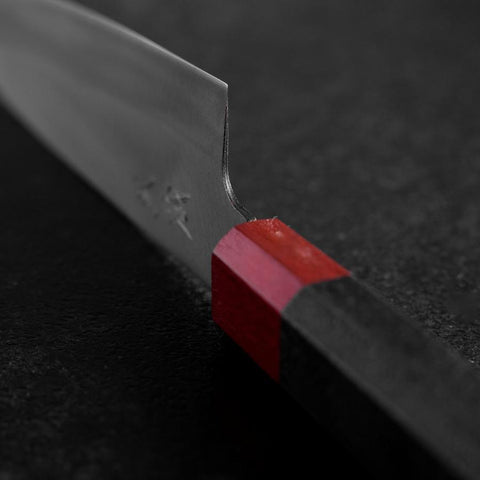 Santoku Blue Steel #1 Stainless Clad Kurouchi Red and Black Urushi Handle 165mm-[Musashi]-[Japanese-Kitchen-Knives]