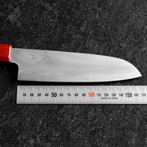 Santoku Blue Steel #1 Stainless Clad Kurouchi Red and Black Urushi Handle 165mm-[Musashi]-[Japanese-Kitchen-Knives]