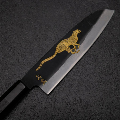 Santoku Blue Steel #2 Kurouchi Chokin Cheetah Buffalo Ebony Handle 165mm-[Musashi]-[Japanese-Kitchen-Knives]