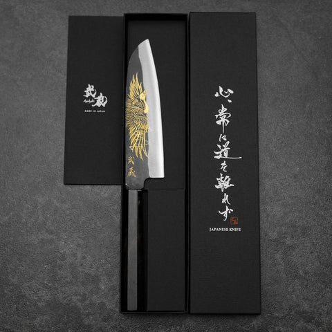 Santoku Blue Steel #2 Kurouchi Chokin Crane Buffalo Ebony Handle 165mm (6.5”)-[Musashi]-[Japanese-Kitchen-Knives]