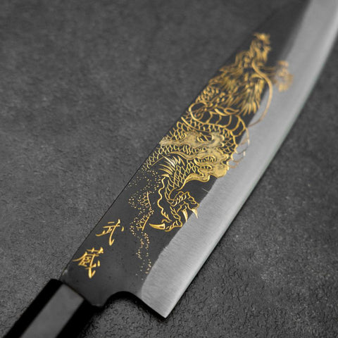 Santoku Blue Steel #2 Kurouchi Chokin Dragon Buffalo Ebony Handle 165mm-[Musashi]-[Japanese-Kitchen-Knives]