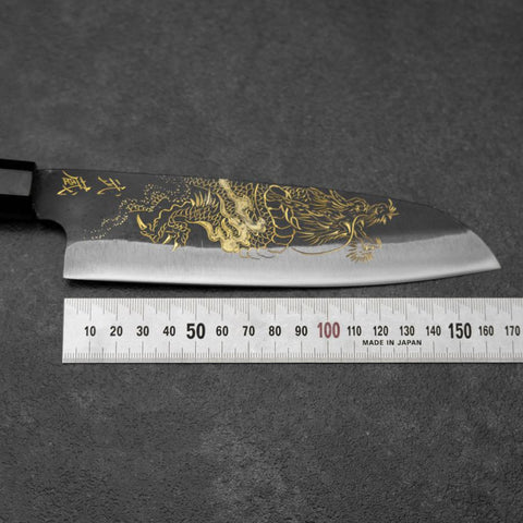 Santoku Blue Steel #2 Kurouchi Chokin Dragon Buffalo Ebony Handle 165mm-[Musashi]-[Japanese-Kitchen-Knives]