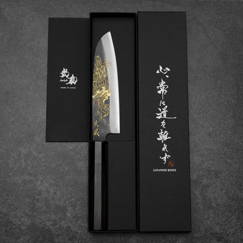 Santoku Blue Steel #2 Kurouchi Chokin Dragon Buffalo Ebony Handle 165mm-[Musashi]-[Japanese-Kitchen-Knives]
