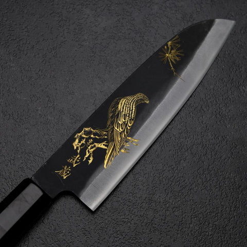 Santoku Blue Steel #2 Kurouchi Chokin Eagle Pine Buffalo Ebony Handle 165mm-[Musashi]-[Japanese-Kitchen-Knives]
