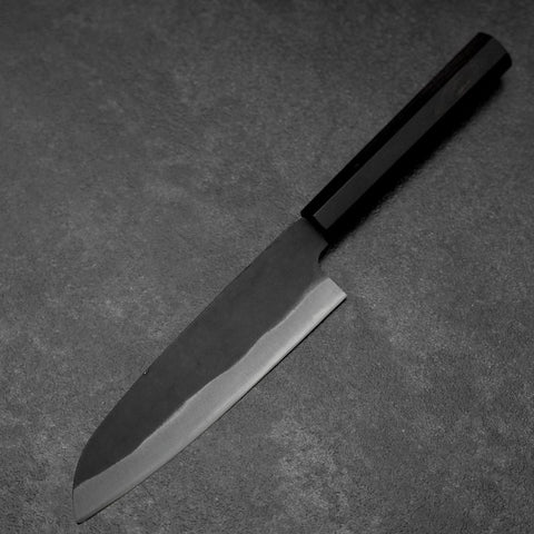 Santoku Blue Steel #2 Kurouchi Chokin Hannya Buffalo Ebony Handle 165mm (6.5”)-[Musashi]-[Japanese-Kitchen-Knives]