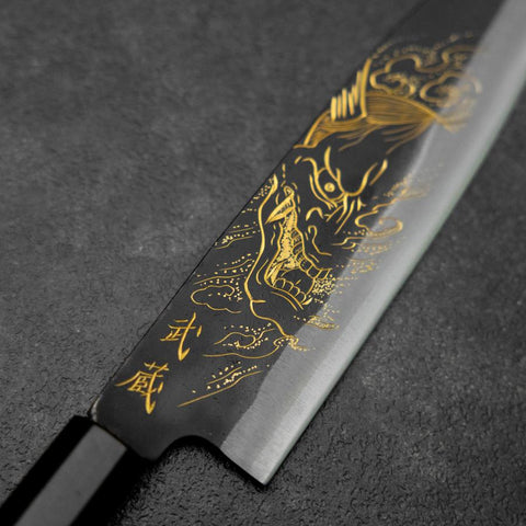 Santoku Blue Steel #2 Kurouchi Chokin Hannya Buffalo Ebony Handle 165mm (6.5”)-[Musashi]-[Japanese-Kitchen-Knives]