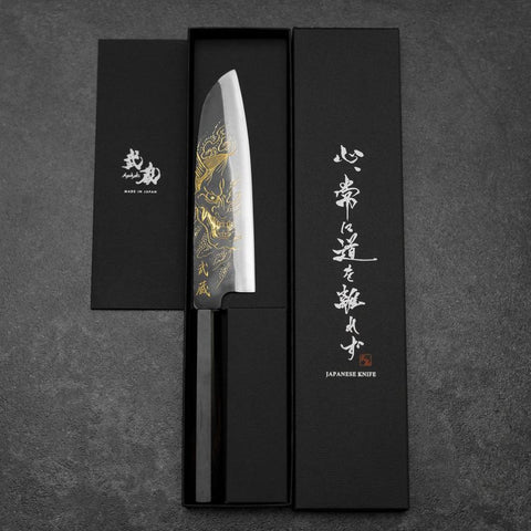 Santoku Blue Steel #2 Kurouchi Chokin Hannya Buffalo Ebony Handle 165mm (6.5”)-[Musashi]-[Japanese-Kitchen-Knives]