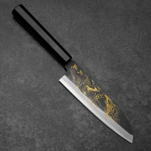 Santoku Blue Steel #2 Kurouchi Chokin Hannya Buffalo Ebony Handle 165mm (6.5”)-[Musashi]-[Japanese-Kitchen-Knives]