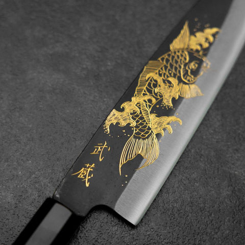 Santoku Blue Steel #2 Kurouchi Chokin Koi Buffalo Ebony Handle 165mm-[Musashi]-[Japanese-Kitchen-Knives]