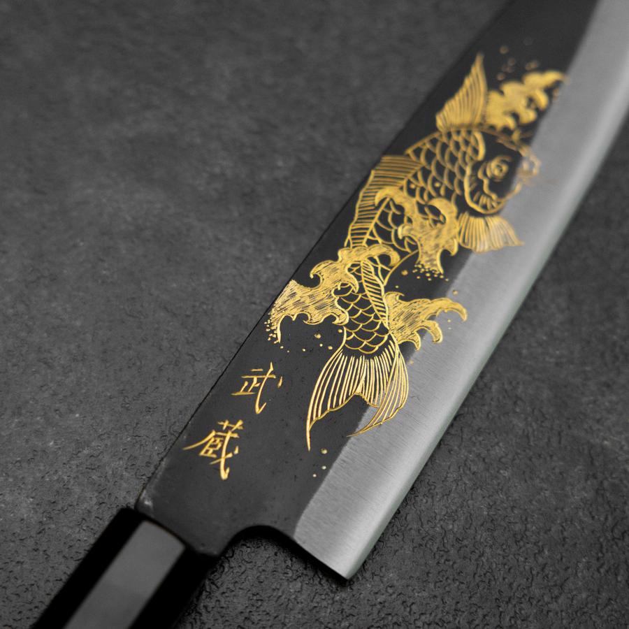 Santoku Blue Steel #2 Kurouchi Chokin Koi Buffalo Ebony Handle 165mm-[Musashi]-[Japanese-Kitchen-Knives]