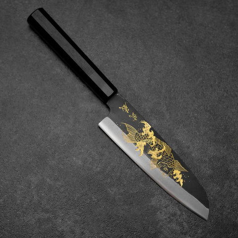 Santoku Blue Steel #2 Kurouchi Chokin Koi Buffalo Ebony Handle 165mm-[Musashi]-[Japanese-Kitchen-Knives]