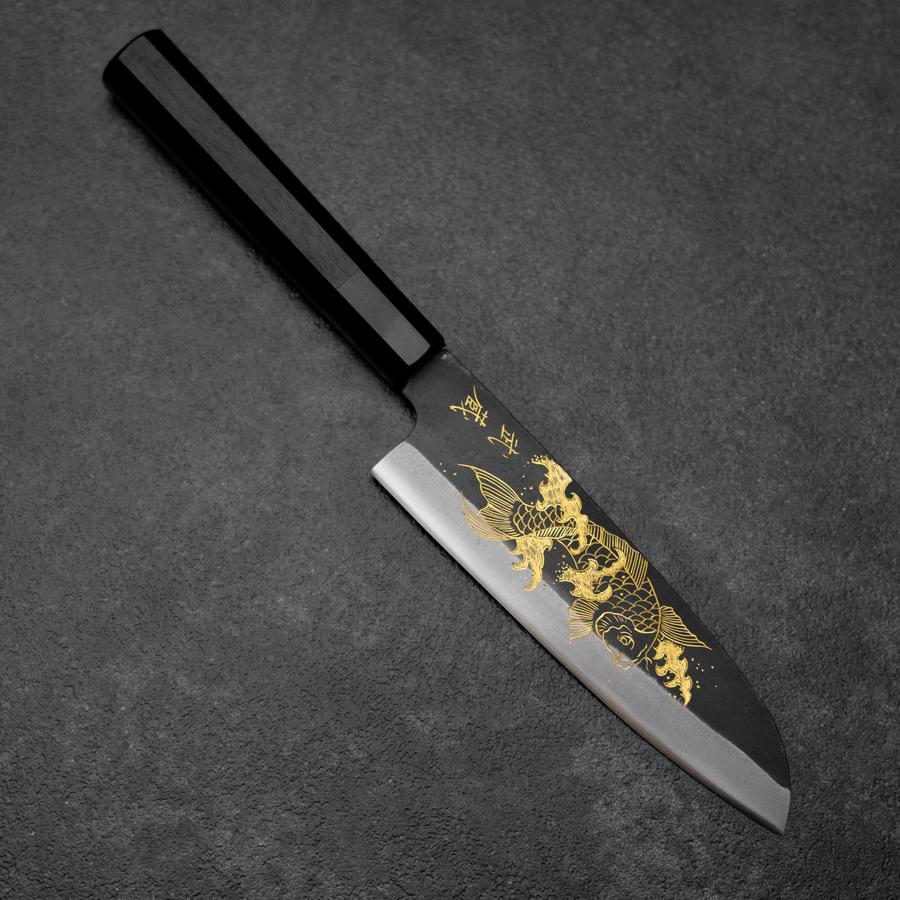 Santoku Blue Steel #2 Kurouchi Chokin Koi Buffalo Ebony Handle 165mm-[Musashi]-[Japanese-Kitchen-Knives]