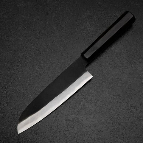 Santoku Blue Steel #2 Kurouchi Chokin Samurai Full Moon Buffalo Ebony Handle 165mm (6.5”)-[Musashi]-[Japanese-Kitchen-Knives]