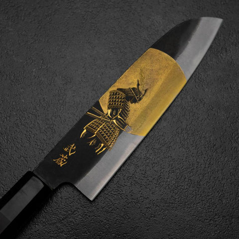 Santoku Blue Steel #2 Kurouchi Chokin Samurai Full Moon Buffalo Ebony Handle 165mm (6.5”)-[Musashi]-[Japanese-Kitchen-Knives]