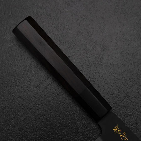 Santoku Blue Steel #2 Kurouchi Chokin Samurai Full Moon Buffalo Ebony Handle 165mm (6.5”)-[Musashi]-[Japanese-Kitchen-Knives]