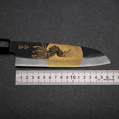 Santoku Blue Steel #2 Kurouchi Chokin Samurai Full Moon Buffalo Ebony Handle 165mm (6.5”)-[Musashi]-[Japanese-Kitchen-Knives]