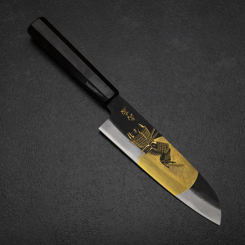 Santoku Blue Steel #2 Kurouchi Chokin Samurai Full Moon Buffalo Ebony Handle 165mm (6.5”)-[Musashi]-[Japanese-Kitchen-Knives]
