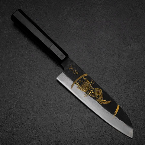 Santoku Blue Steel #2 Kurouchi Chokin Samurai New Moon Buffalo Ebony Handle 165mm-[Musashi]-[Japanese-Kitchen-Knives]