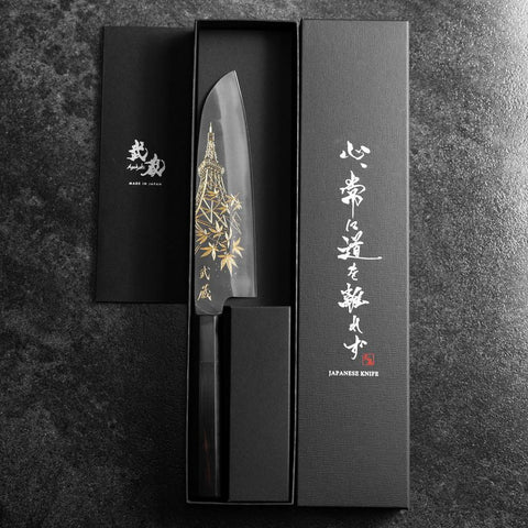 Santoku Blue Steel #2 Kurouchi Chokin Tokyo Tower & Maple Leaves Buffalo Ebony Handle 165mm (6.5")-[Musashi]-[Japanese-Kitchen-Knives]