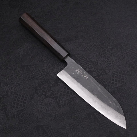 Santoku Blue Steel #2 Kurouchi Damascus Buffalo Ebony Handle 165mm (6.5”)-[Musashi]-[Japanese-Kitchen-Knives]