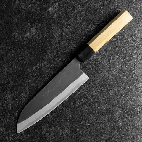 Santoku Blue Steel #2 Kurouchi Damascus Buffalo Magnolia Handle 170mm (6.7”)-[Musashi]-[Japanese-Kitchen-Knives]