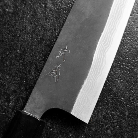 Santoku Blue Steel #2 Kurouchi Damascus Buffalo Magnolia Handle 170mm (6.7”)-[Musashi]-[Japanese-Kitchen-Knives]