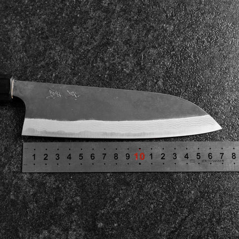 Santoku Blue Steel #2 Kurouchi Damascus Buffalo Magnolia Handle 170mm (6.7”)-[Musashi]-[Japanese-Kitchen-Knives]