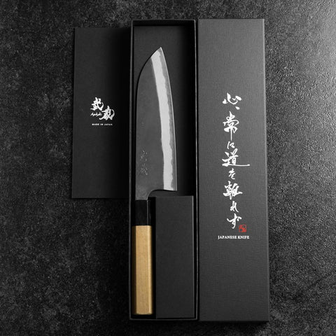 Santoku Blue Steel #2 Kurouchi Damascus Buffalo Magnolia Handle 170mm (6.7”)-[Musashi]-[Japanese-Kitchen-Knives]