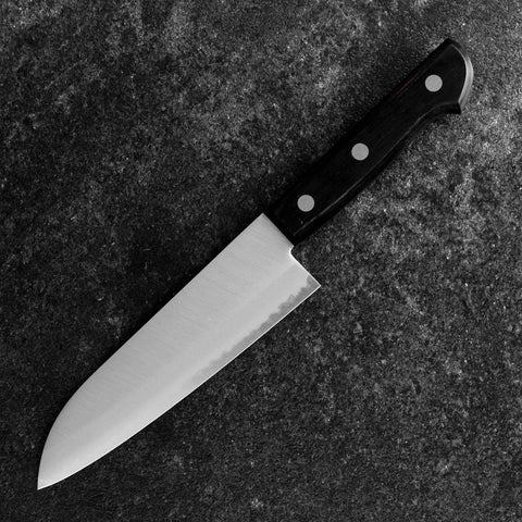 Santoku Blue Steel #2 Polished Western Black Handle 145mm (Tsuba-nashi) (5.7”)-[Musashi]-[Japanese-Kitchen-Knives]