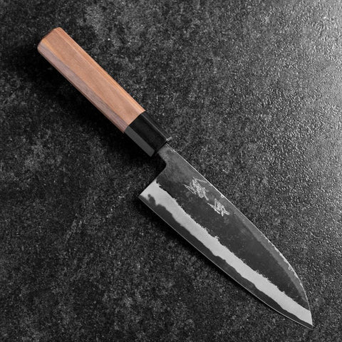 Santoku Blue Steel #2 Stainless Clad Kurouchi Buffalo Walnut Handle 165mm (6.5”)-[Musashi]-[Japanese-Kitchen-Knives]