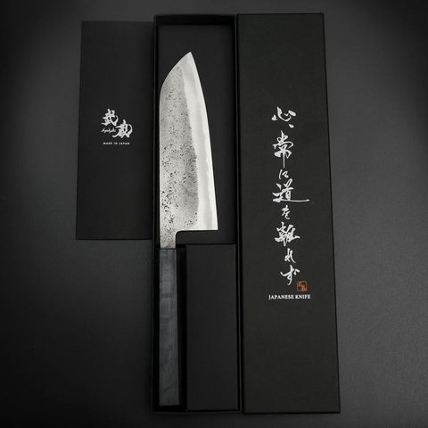 Santoku Blue Steel #2 Stainless Clad Nashiji Dark Blue Urushi Handle 165mm (6.5”)-[Musashi]-[Japanese-Kitchen-Knives]
