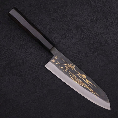 Santoku Blue Steel #2 Kurouchi Chokin Nami-Fuji Buffalo Ebony Handle 170mm-[Musashi]-[Japanese-Kitchen-Knives]