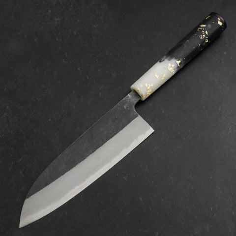 Santoku Blue Steel #2 Kurouchi Ocean Black White Gold Handle 165mm-[Musashi]-[Japanese-Kitchen-Knives]