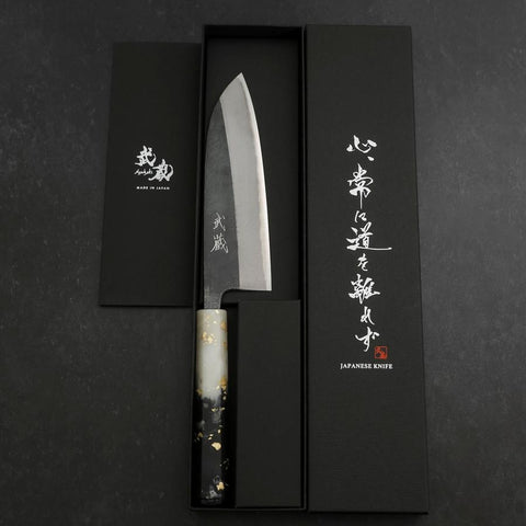 Santoku Blue Steel #2 Kurouchi Ocean Black White Gold Handle 165mm-[Musashi]-[Japanese-Kitchen-Knives]